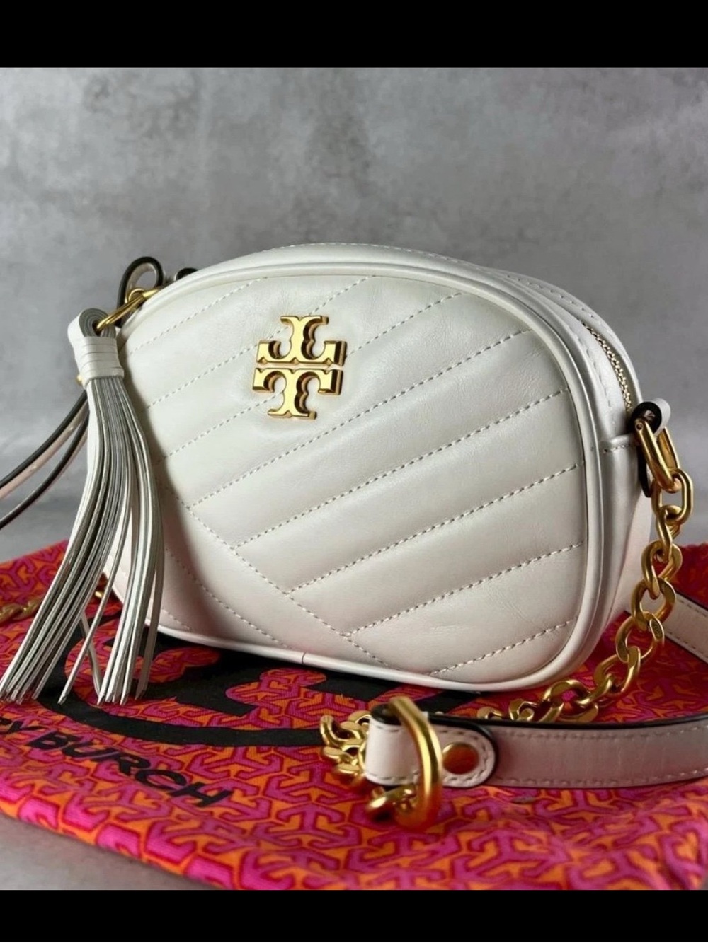 Tory Burch Kira Chevron Small Leather Crossbody Bag with white dust bag